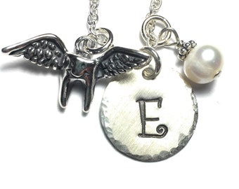 Flying Tooth Hand Stamped Sterling Silver Initial Charm Necklace, Dentist Jewelry