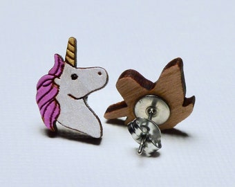 Unicorn Hand Painted Laser Cut Wood Stud Earrings