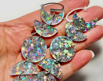 Long Moon Phase Earrings in Iridescent Star Confetti Acrylic, Celestial Jewelry