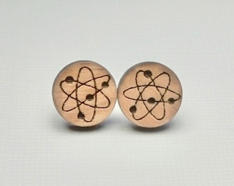 Atom Laser Cut Wood Stud Earrings on Stainless Steel Posts