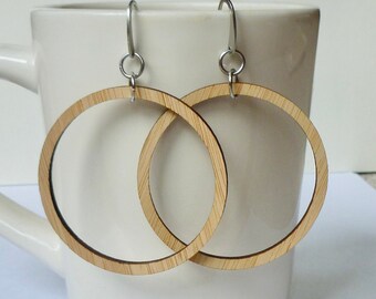 Laser Cut Bamboo Wooden Circle Minimalist Geometric Lightweight Earrings