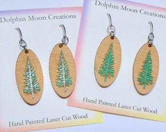 Green Pine Tree Wooden Diffuser Earrings, Evergreen Hand Painted Laser Cut Wood Jewelry