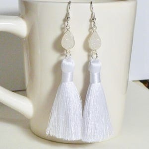 White Shimmer Druzy Long Silky Tassel Earrings, Boho Jewelry