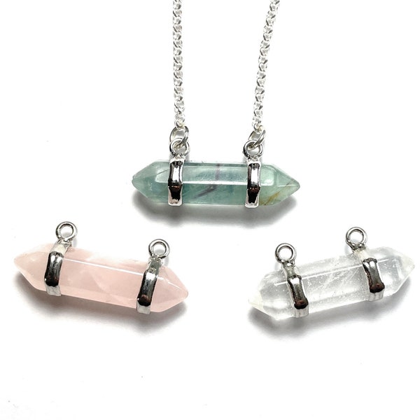 Horizontal Double Crystal Point Pendant Necklace - Choose Fluorite, Clear Crystal or Rose Quartz
