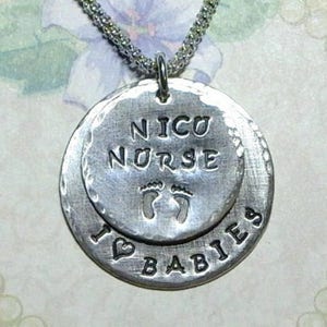 NICU Nurse Double Circle Hand Stamped Sterling Silver Necklace I Love Babies Baby Footprints Necklace image 1