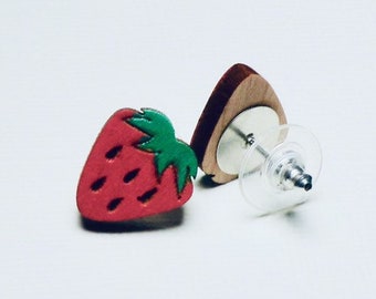 Hand Painted Laser Cut Wooden Strawberry Stud Earrings