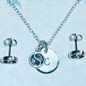 Personalized Yin Yang Hand Stamped Sterling Silver Petite Initial Charm Necklace and Earring Jewelry Set