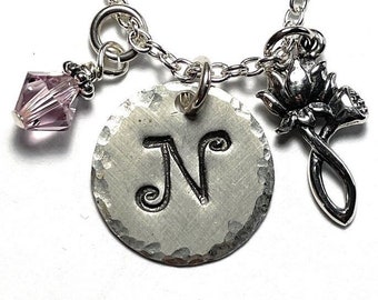 Lotus Flower Bud Hand Stamped Sterling Silver Initial Charm Necklace