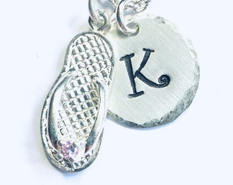 October Birthstone Flip Flop Hand Stamped Sterling Silver Initial Charm Necklace - Beach Jewelry