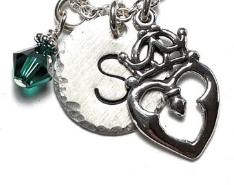 Celtic Heart Crown Hand Stamped Sterling Silver Initial Charm Necklace