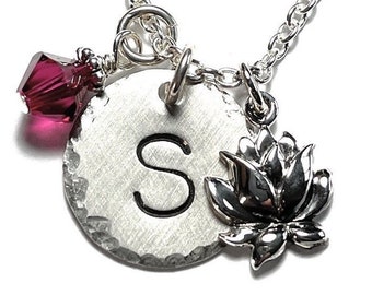 Lotus Flower Hand Stamped Sterling Silver Initial Charm Necklace