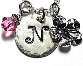 Cherry Blossom Flower Hand Stamped Sterling Silver Initial Charm Necklace