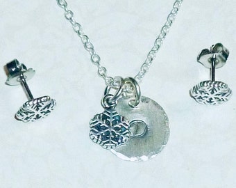 Snowflake Hand Stamped Sterling Silver Petite Initial Charm Necklace and Earring Jewelry Set - Winter Jewelry