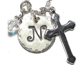 Solid Plain Religious Cross Hand Stamped Sterling Silver Initial Charm Necklace