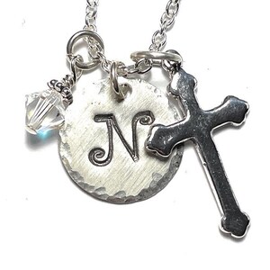 Solid Plain Religious Cross Hand Stamped Sterling Silver Initial Birthstone Charm Necklace