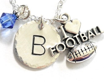 I Love Football Personalized Hand Stamped Sterling Silver Initial Charm Necklace