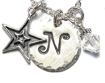 Double Star Hand Stamped Sterling Silver Initial Charm Necklace, Personalized Celestial Jewelry