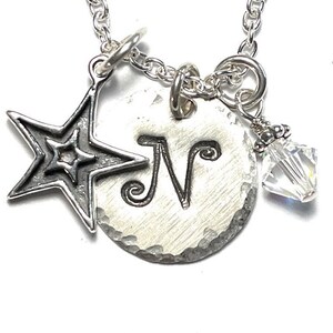 Double Star Hand Stamped Sterling Silver Initial Birthstone Charm Necklace, Personalized Celestial Jewelry