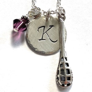Lacrosse Stick Hand Stamped Sterling Silver Initial Birthstone Charm Necklace