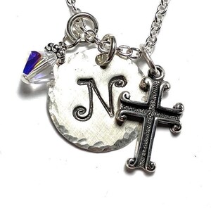 Scrolled Cross Hand Stamped Sterling Silver Initial Birthstone Charm Necklace, Christian Religious Jewelry