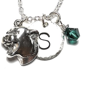 Cougar Hand Stamped Sterling Silver Initial Birthstone Charm Necklace