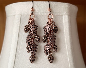 Cascading Copper Pine Cone and Oak Leaf Dangle Earrings - Autumn Jewelry