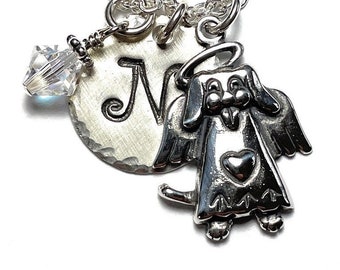 Dog Angel Memorial Hand Stamped Sterling Silver Initial Charm Necklace