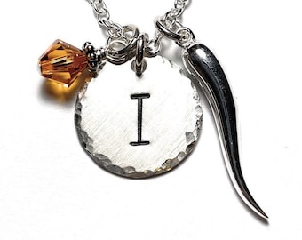 Italian Horn Cornicello Hand Stamped Sterling Silver Initial Charm Necklace