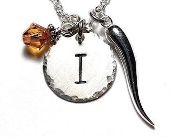 Italian Horn Cornicello Hand Stamped Sterling Silver Initial Birthstone Charm Necklace