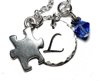 Autism Awareness Puzzle Piece Hand Stamped Sterling Silver Initial Charm Necklace