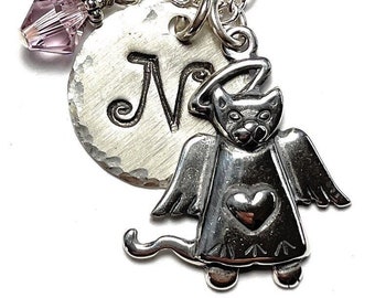 Cat Angel Memorial Hand Stamped Sterling Silver Initial Charm Necklace