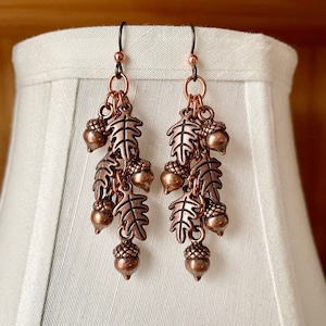 Cascading Copper Acorn and Oak Leaf Dangle Earrings - Autumn Jewelry