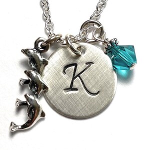 Three Jumping Dolphins Hand Stamped Sterling Silver Initial Birthstone Charm Necklace - Beach Jewelry