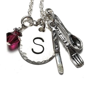 Spoon Fork Knife Kitchen Utensils Hand Stamped Sterling Silver Initial Charm Necklace Chef Cooking Gifts image 1