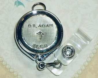 Personalized Doctor or Nurse Hand Stamped ID Badge Reel Holder Key Chain