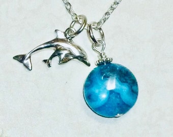 Mother and Baby Dolphin Sterling Silver Charm Necklace with Gemstone Dangle