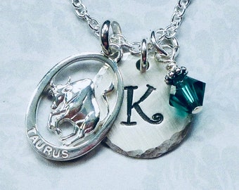 Taurus the Bull Personalized Zodiac Hand Stamped Sterling Silver Initial Charm Necklace