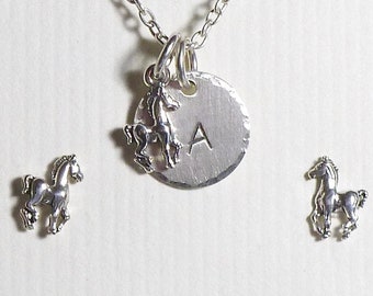Horse Hand Stamped Sterling Silver Petite Initial Charm Necklace and Post Earring Jewelry Set