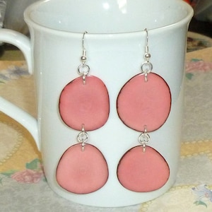 Pale Pink Tagua Nut Slice Hanging Sterling Silver Earrings - Tagua Jewelry