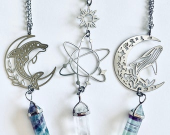 Choose One Sunburst Swirling Planet Dolphin or Whale Geometric Celestial Crystal Quartz or Fluorite Stainless Steel Necklace