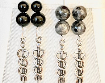 Sterling Silver Medical Caduceus Earrings on Handmade Argentium Silver Ear Wires - Choose Black Onyx or Larvikite Gemstones