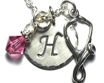 Stethoscope Hand Stamped Sterling Silver Initial Charm Necklace - RN LPN Nurse Graduation Gift