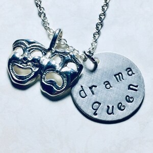 Drama Queen Comedy Tragedy Mask Hand Stamped Sterling Silver Charm Necklace