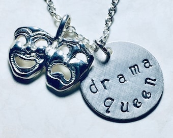 Drama Queen Comedy Tragedy Mask Hand Stamped Sterling Silver Charm Necklace