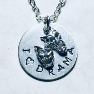 I Love Drama Comedy Tragedy Mask Hand Stamped Sterling Silver Charm Necklace