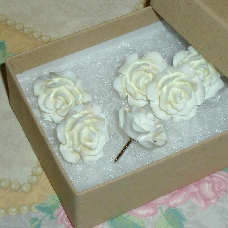 White Rose Flower Push Pins, Decorative Resin Rose Flower Cabochon Thumb Tacks Set of 6 image 1