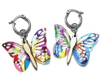 Boucles d'Oreilles Attrape-Soleil Papillon sur Anneaux Interchangeables en Acier Inoxydable