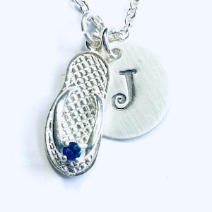 September Sapphire Birthstone Flip Flop Hand Stamped Sterling Silver Initial Charm Necklace, Beach Jewelry