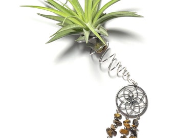 Air Plant Hanger, Hanging Dreamcatcher Tillandsia Wire Wrapped Holder with Tigers Eye Beads