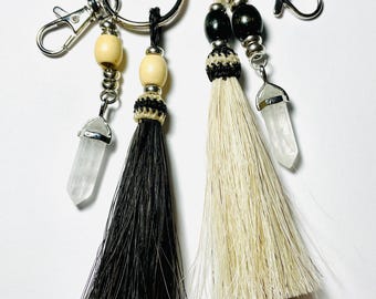 Beaded Crystal Quartz Point Horse Hair Tassel Keychain, Equestrian Cowgirl Gifts